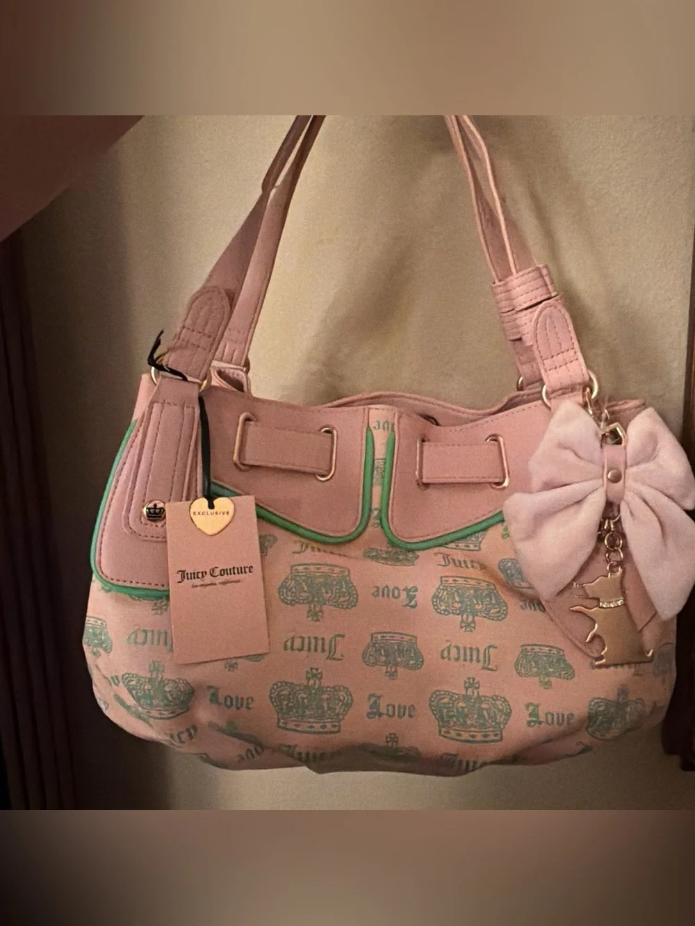 Juicy Couture Pink Shoulder Bag with Green Trim and Bow Charm